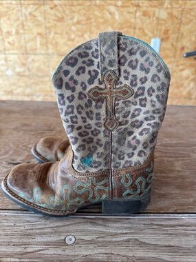 Ariat Leopard Print Western Cowboy Boots with Turquoise Cross Embroidery